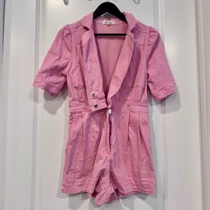 Totally Retro Puff Sleeve Denim Romper Pink; Size: Small